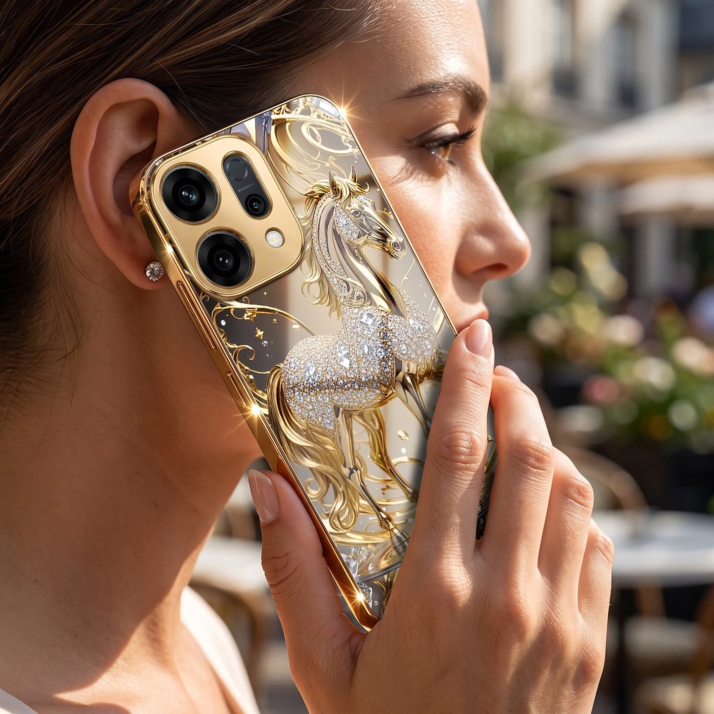 Oppo Reno 14 5G Luxury Horse Texture Gold Electroplated Glass Phone Back Case