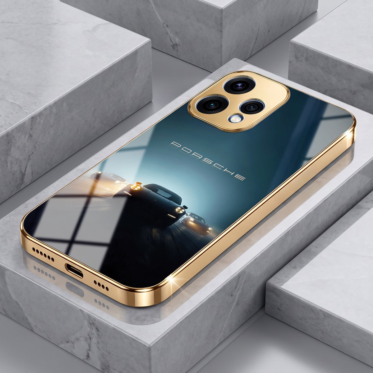 Oppo Reno 15 5G Porsche Luxury Gold Electroplated Glass Phone Back Case