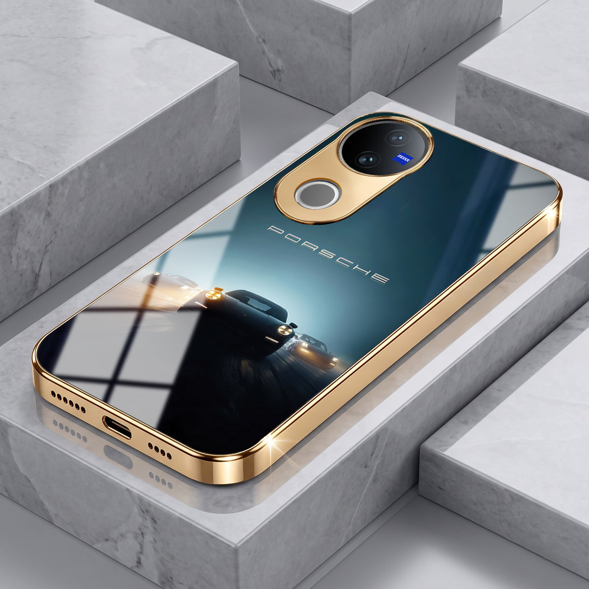 Vivo V50 5G Porsche Luxury Gold Electroplated Glass Phone Back Case