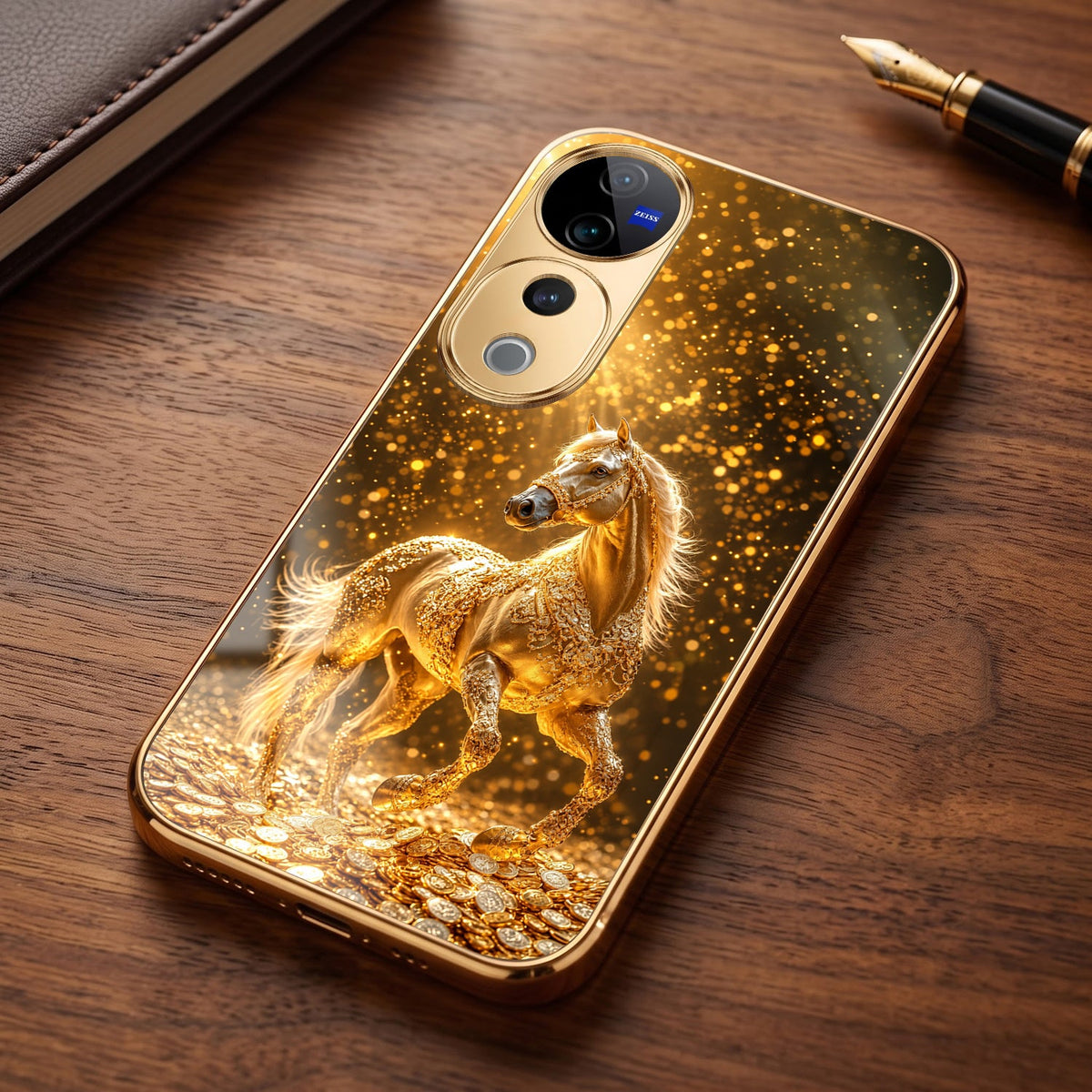 Vivo V40 Pro 5G Golden Horse Sparkle Gold Electroplated Glass Phone Back Case