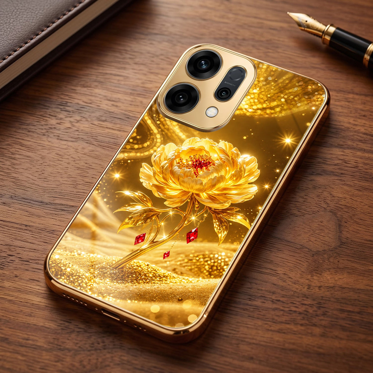 Oppo Reno 14 5G Golden Rose Elegance Gold Electroplated Glass Phone Back Case