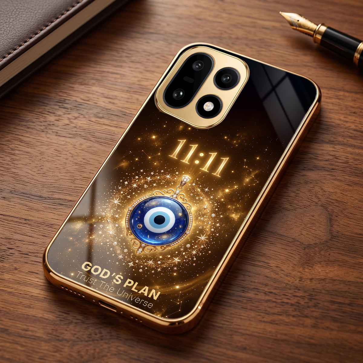 OnePlus 15 5G God’s Plan Evil Eye Gold Electroplated Glass Phone Back Case