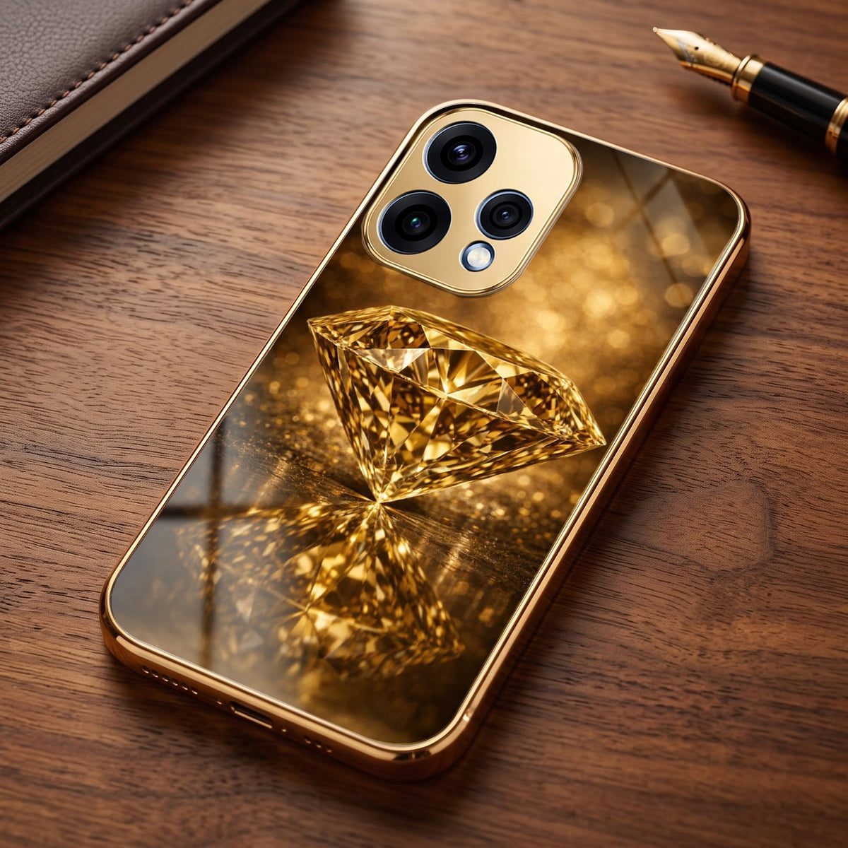 Oppo Reno 15 5G Golden Diamond Gold Electroplated Glass Phone Back Case