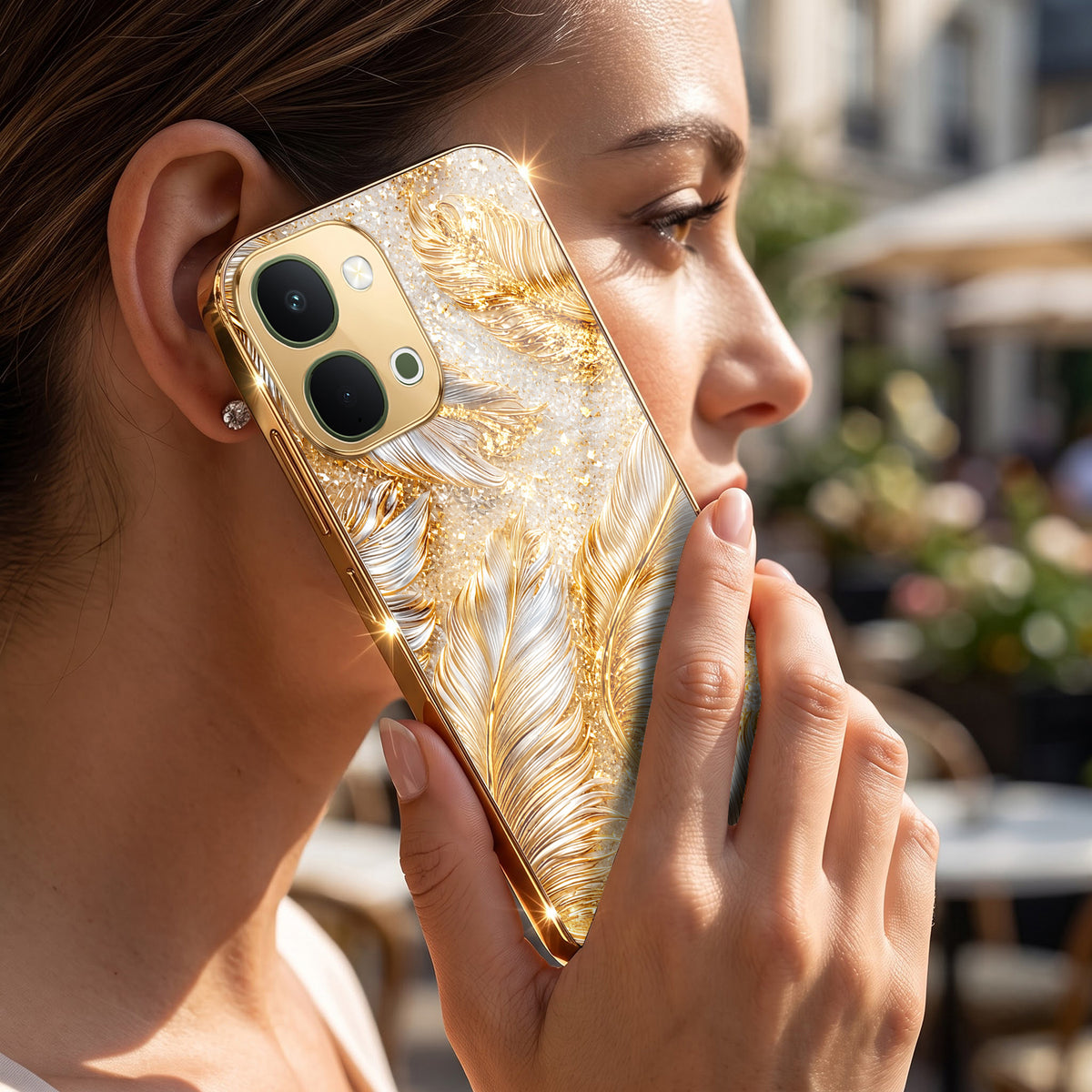 Vivo T5x 5G Golden Feather Marble Gold Electroplated Glass Phone Back Case