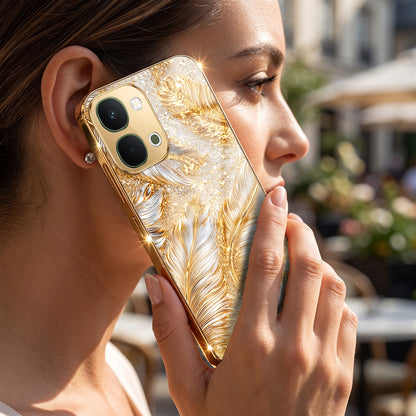Vivo T5x 5G Golden Feather Marble Gold Electroplated Glass Phone Back Case