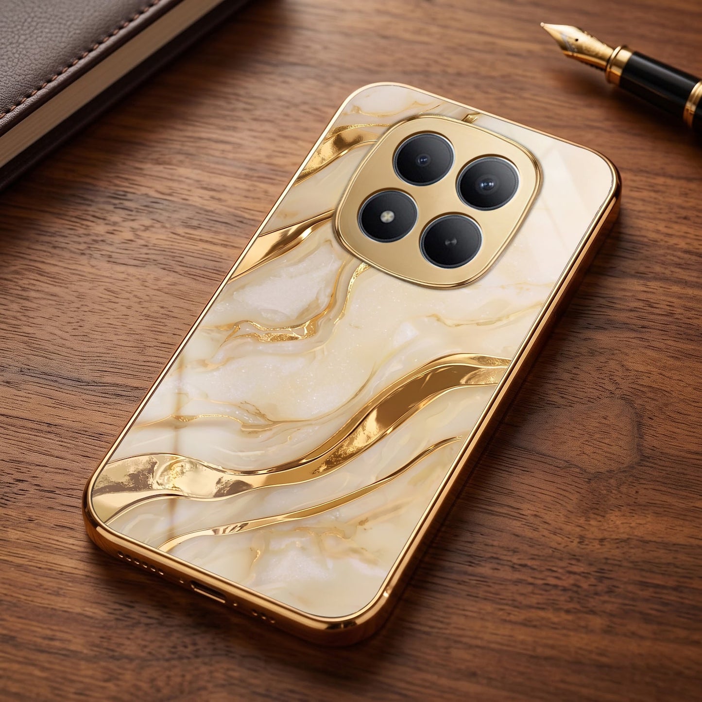 Redmi Note 15 Pro+ 5G Marvel Texture Gold Electroplated Glass Phone Back Case