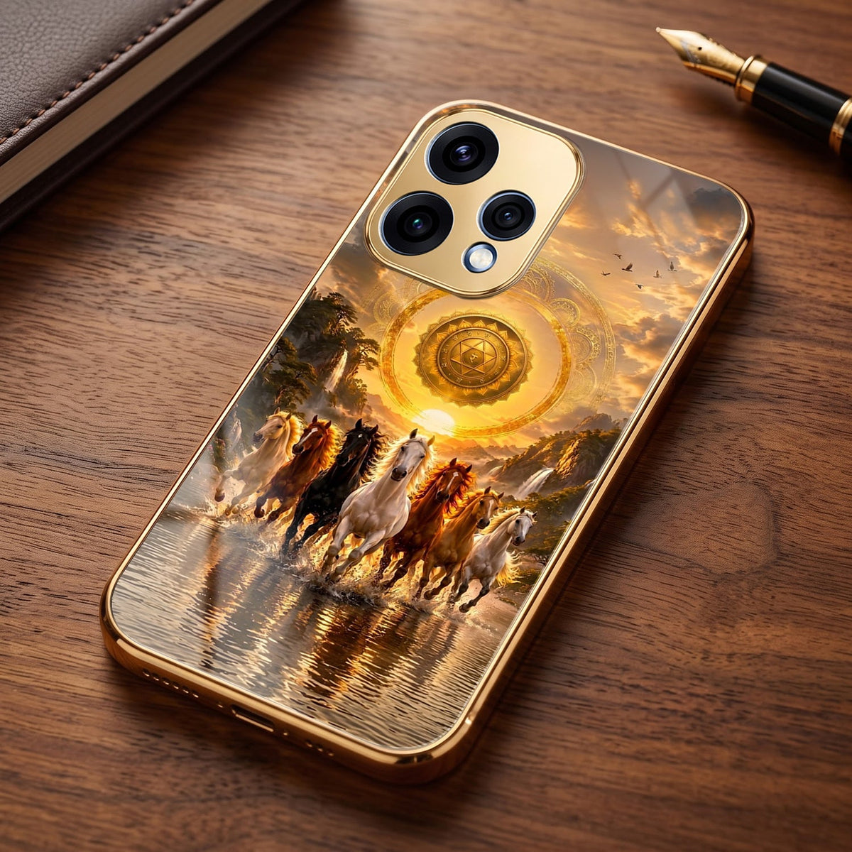 Oppo Reno 15 5G Celestial Seven Horses Gold Electroplated Glass Phone Back Case