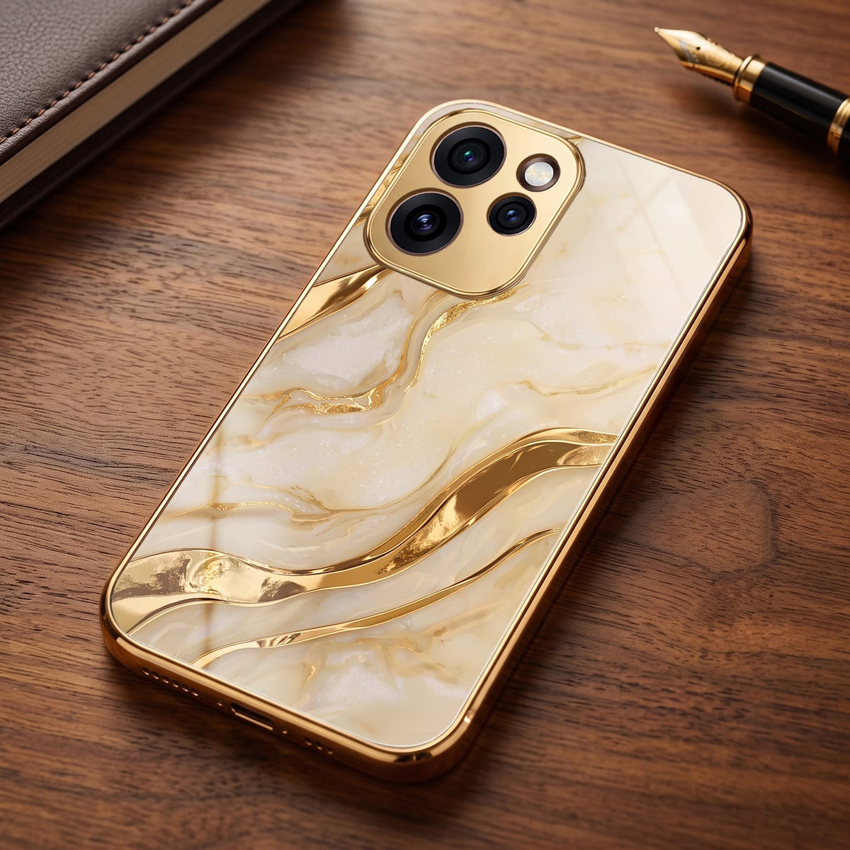 Oppo Reno 15 Pro Mini 5G Marvel Texture Gold Electroplated Glass Phone Back Case
