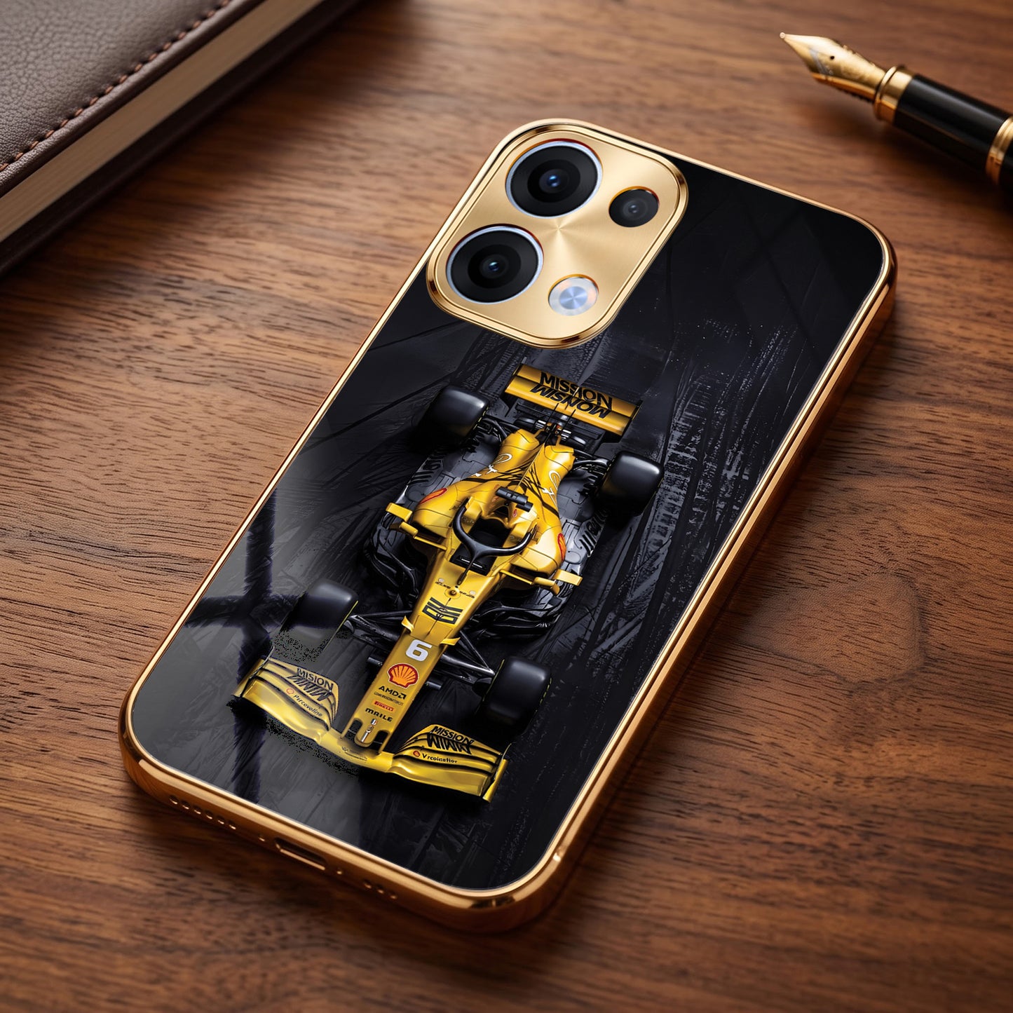 Oppo Reno 13 5G F1 Racing Car Gold Electroplated Glass Phone Back Case