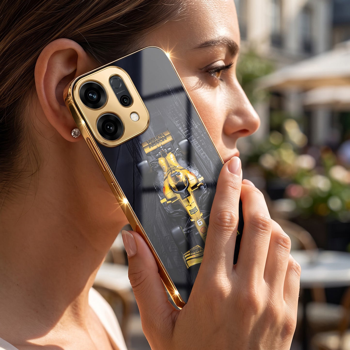 Oppo Reno 14 5G F1 Racing Car Gold Electroplated Glass Phone Back Case
