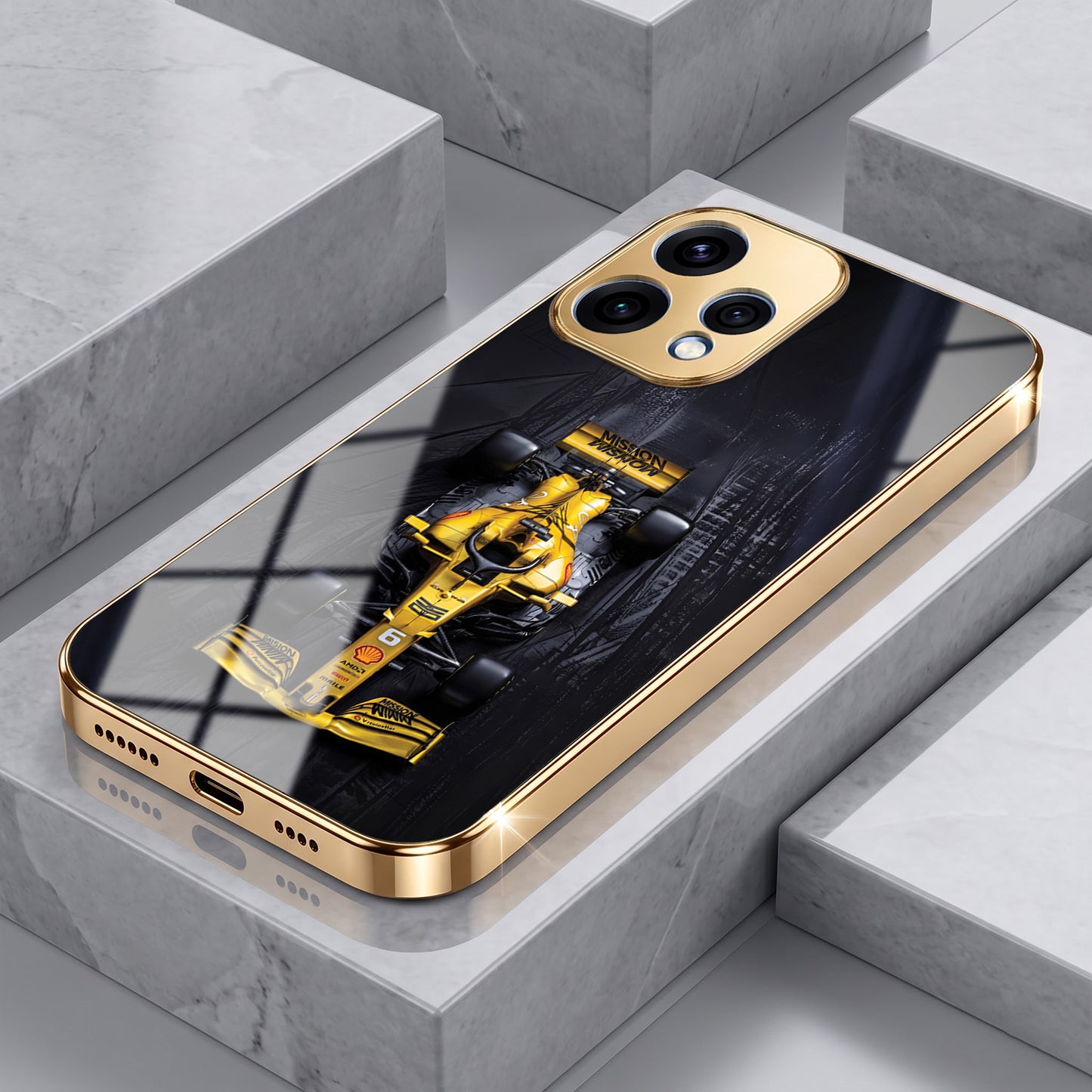 Oppo Reno 15 5G F1 Racing Car Gold Electroplated Glass Phone Back Case