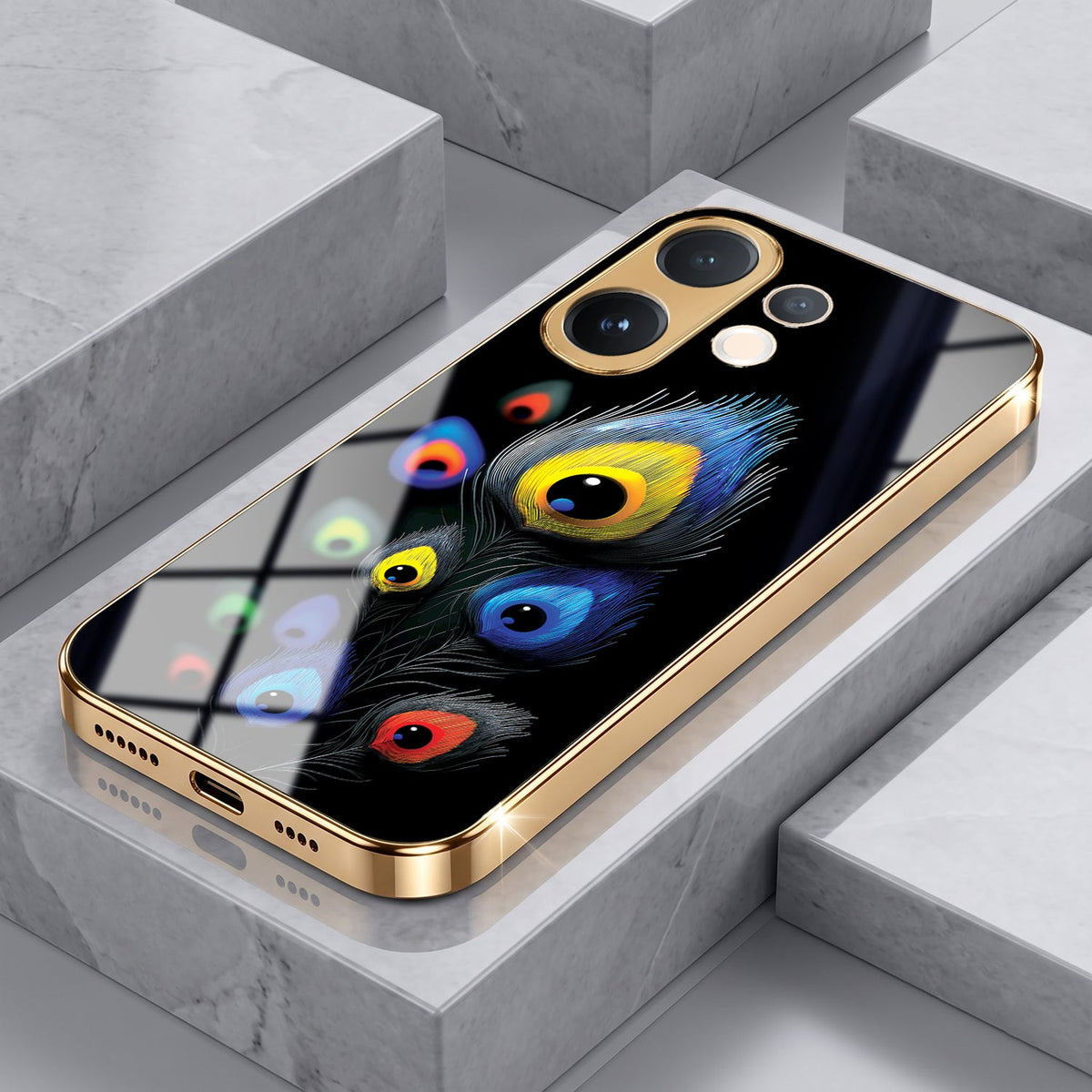 Vivo V60 5G Premium Peacock Feather Gold Electroplated Glass Phone Back Case