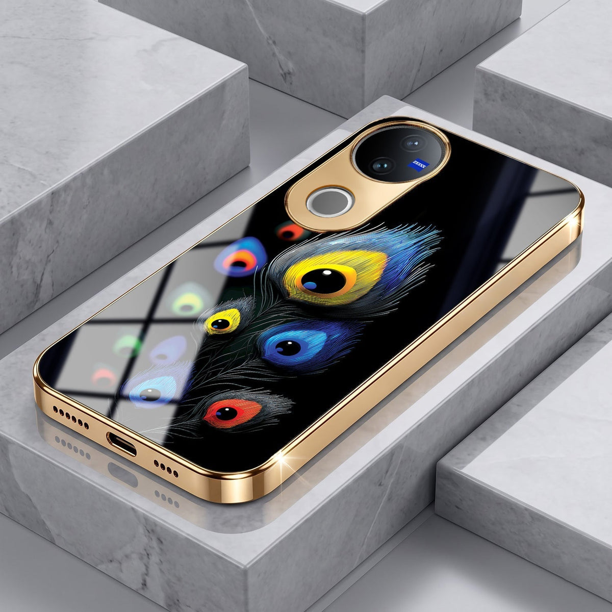 Vivo T4R 5G Multi-Feather Peacock Gold Electroplated Glass Phone Back Case