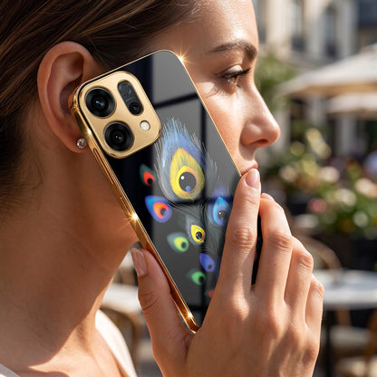 Oppo Reno 14 5G Premium Peacock Feather Gold Electroplated Glass Phone Back Case