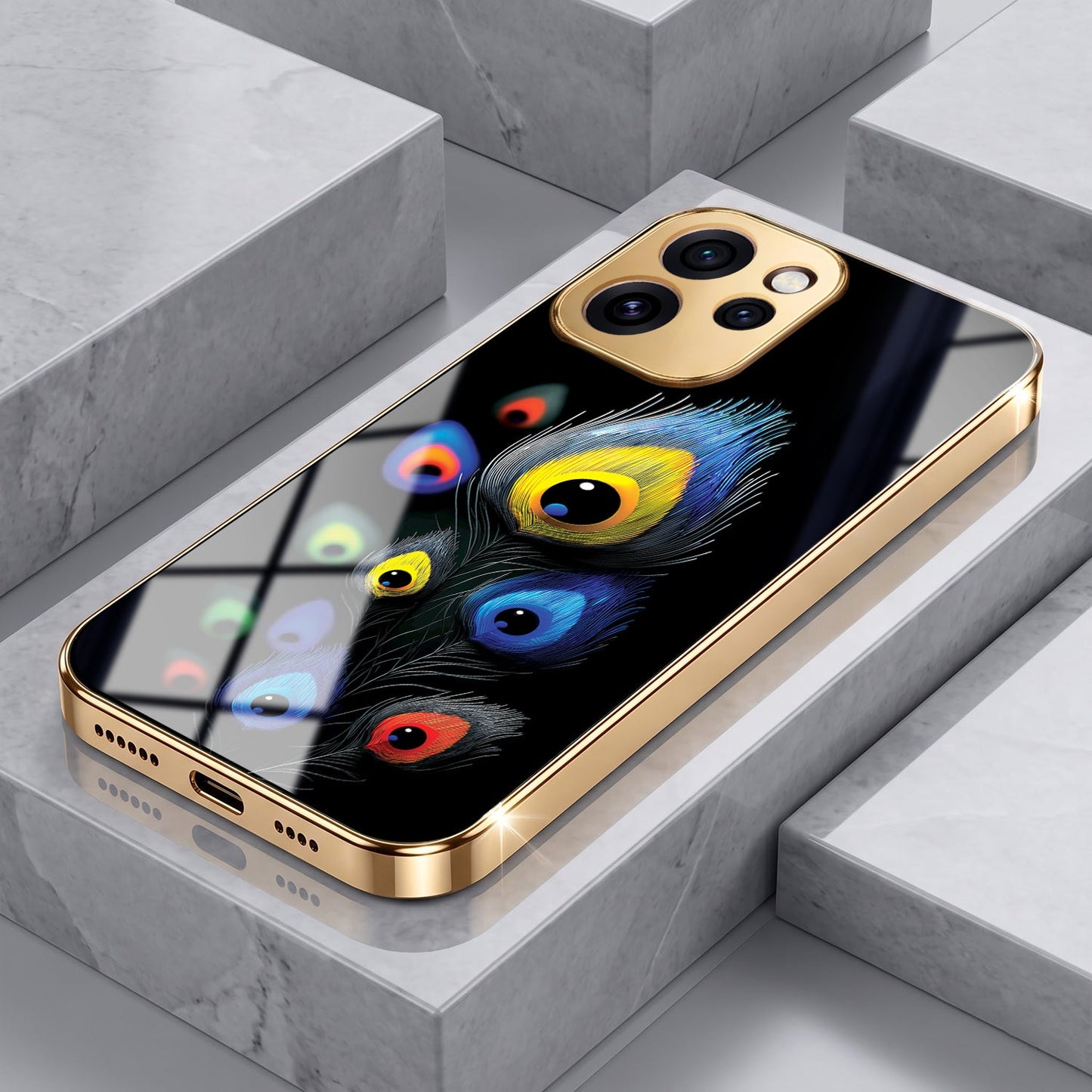 Oppo Reno 15 Pro Mini 5G Premium Peacock Feather Gold Electroplated Glass Phone Back Case