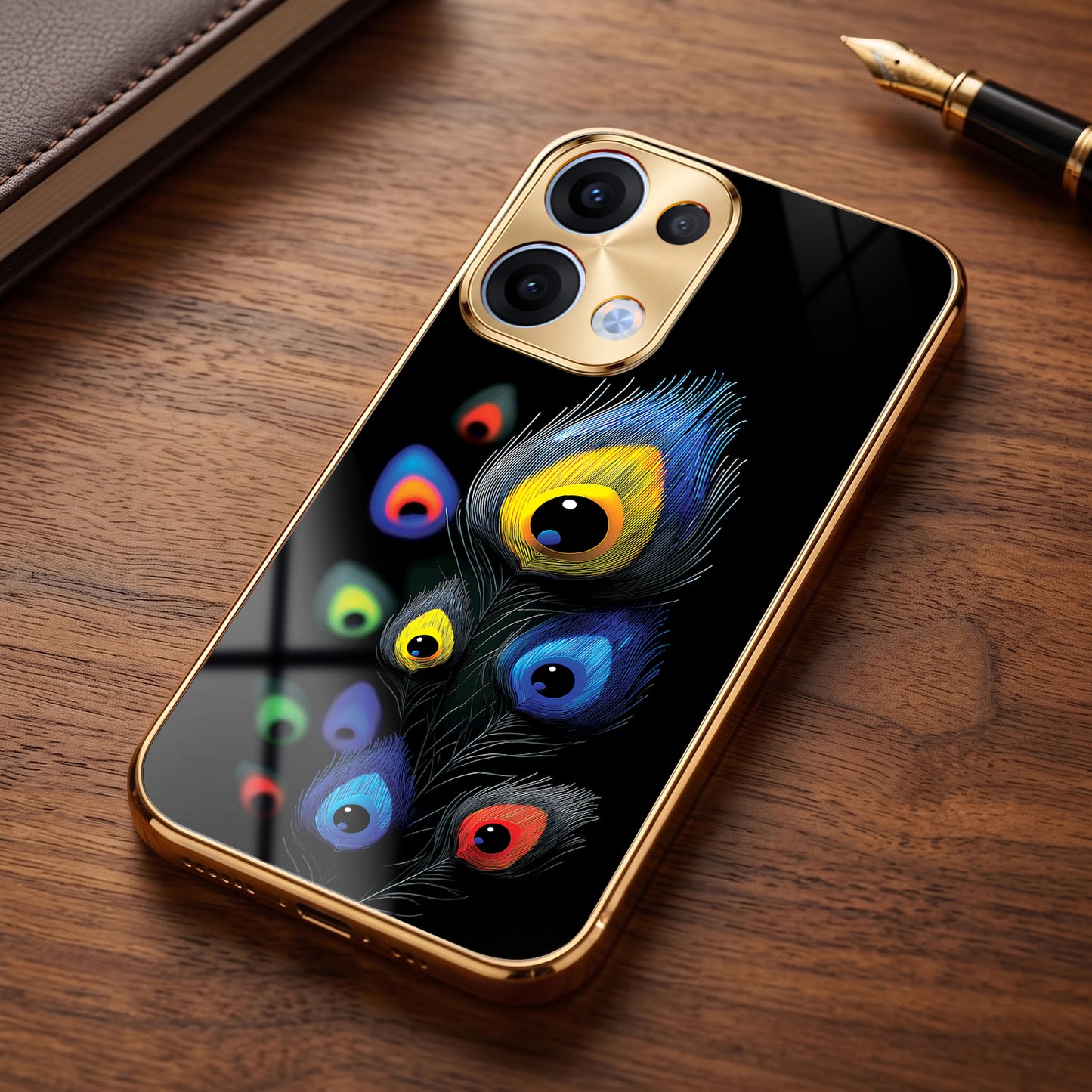 Oppo Reno 13 5G Premium Peacock Feather Gold Electroplated Glass Phone Back Case