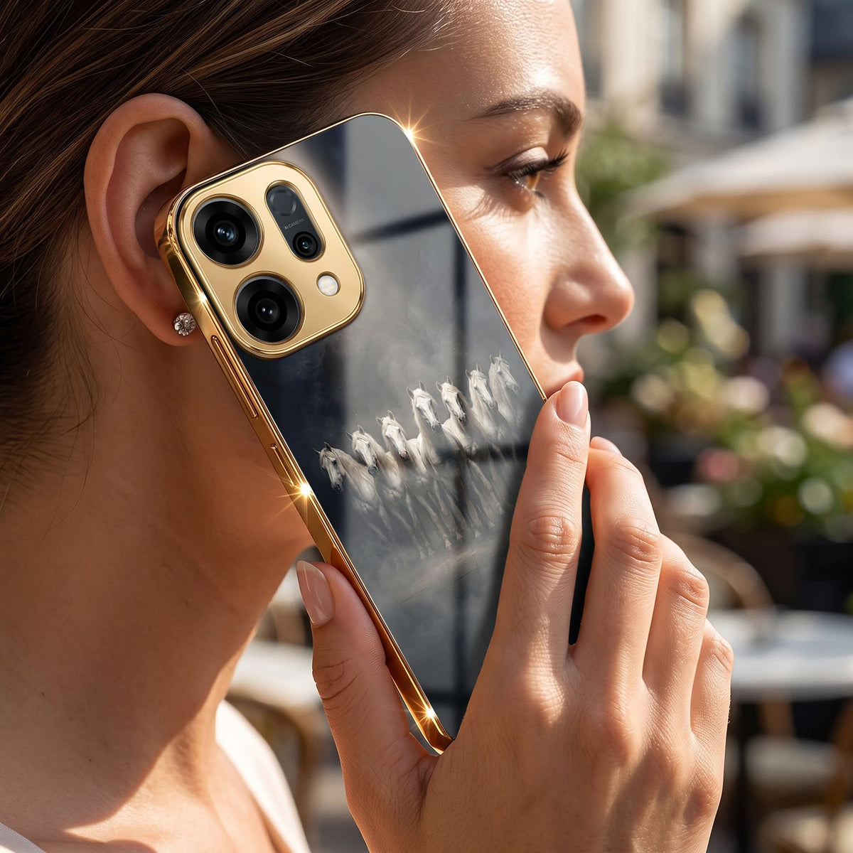 Oppo Reno 14 5G Running Horses Gold Electroplated Glass Phone Back Case