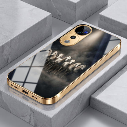Vivo V40 Pro 5G Running Horses Gold Electroplated Glass Phone Back Case