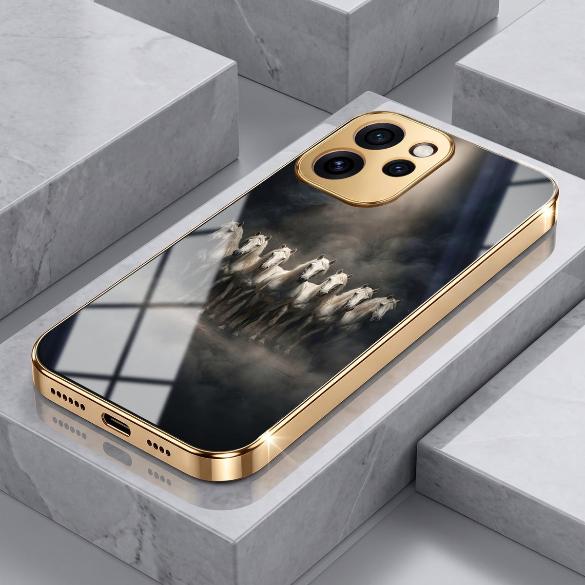 Oppo Reno 15 Pro Mini 5G Running Horses Gold Electroplated Glass Phone Back Case