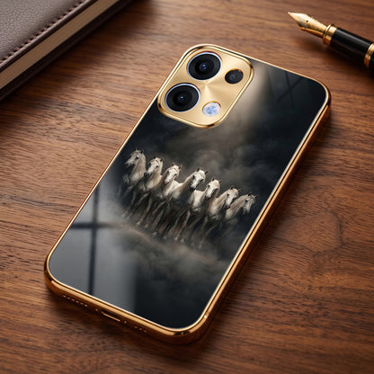Oppo Reno 13 5G Running Horses Gold Electroplated Glass Phone Back Case