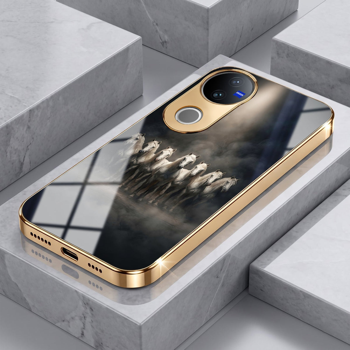 Vivo V50 5G Running Horses Gold Electroplated Glass Phone Back Case