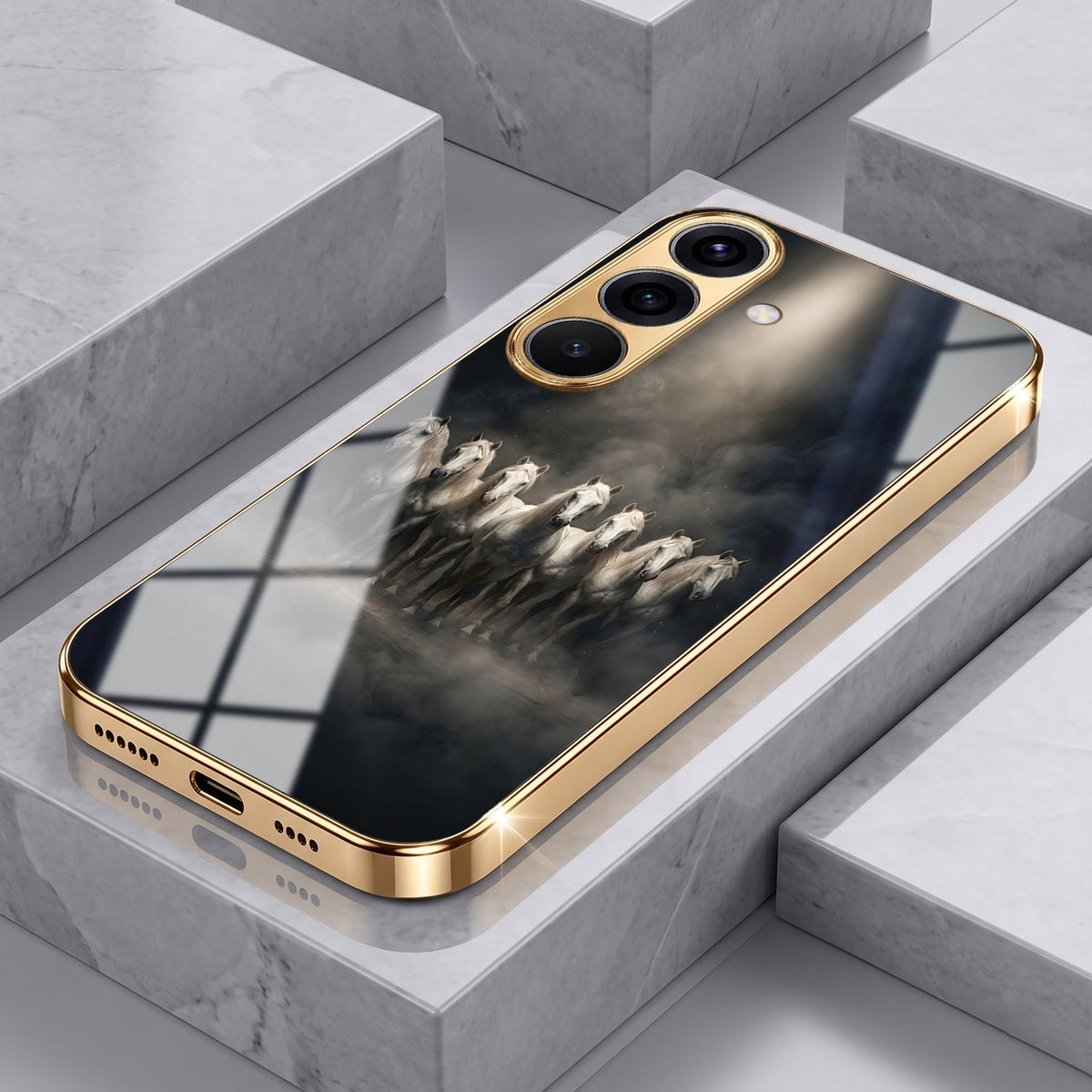 Samsung Galaxy A56 5G Running Horses Gold Electroplated Glass Phone Back Case