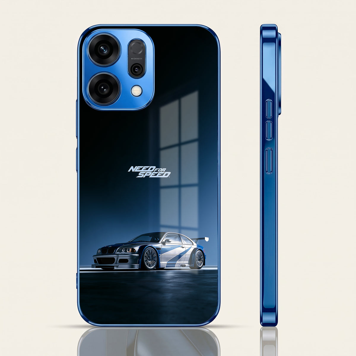 Oppo Reno 14 5G Need For Speed Blue Electroplated Glass Phone Back Case