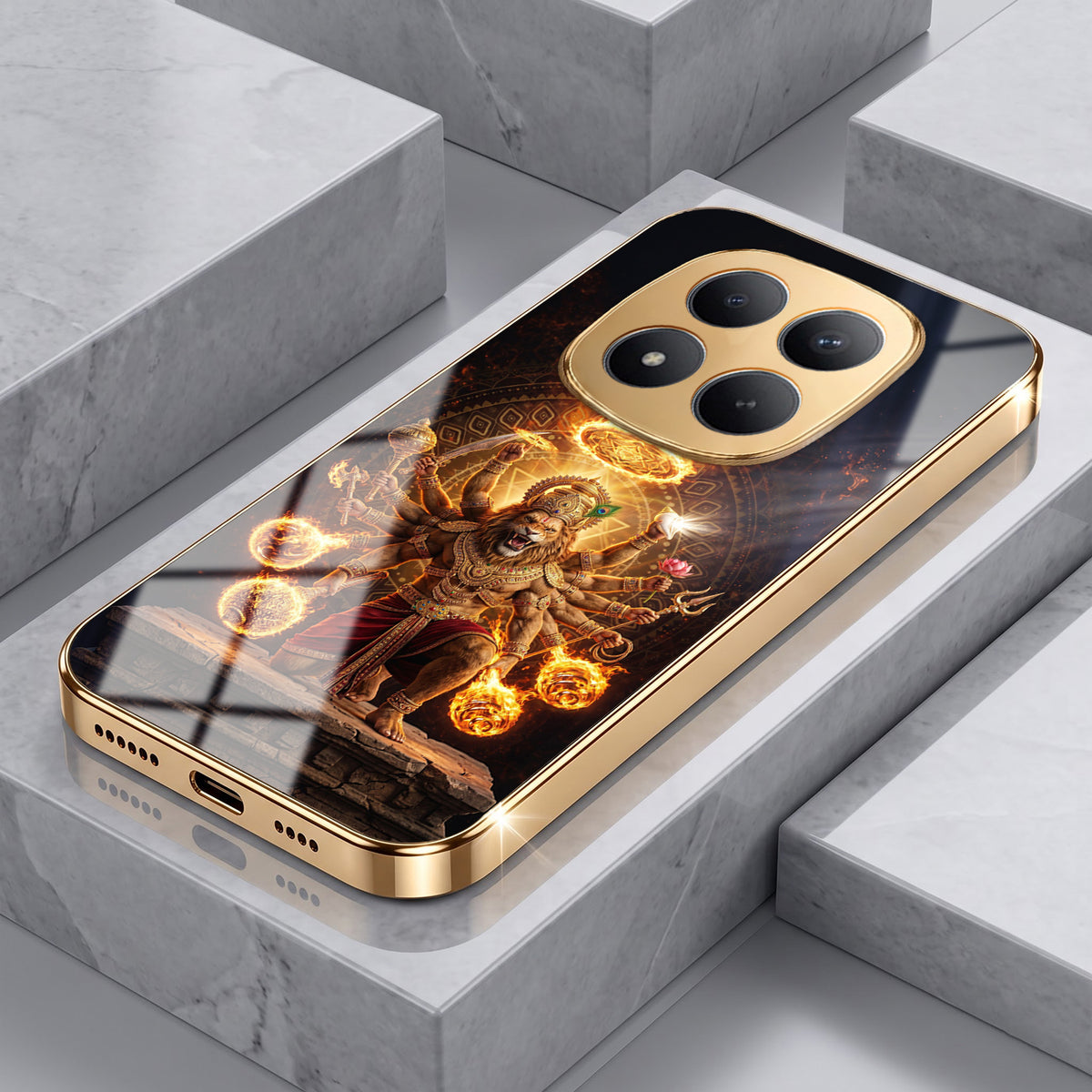 Redmi Note 15 Pro Plus 5G Lord Narasimha Gold Electroplated Glass Phone Back Case