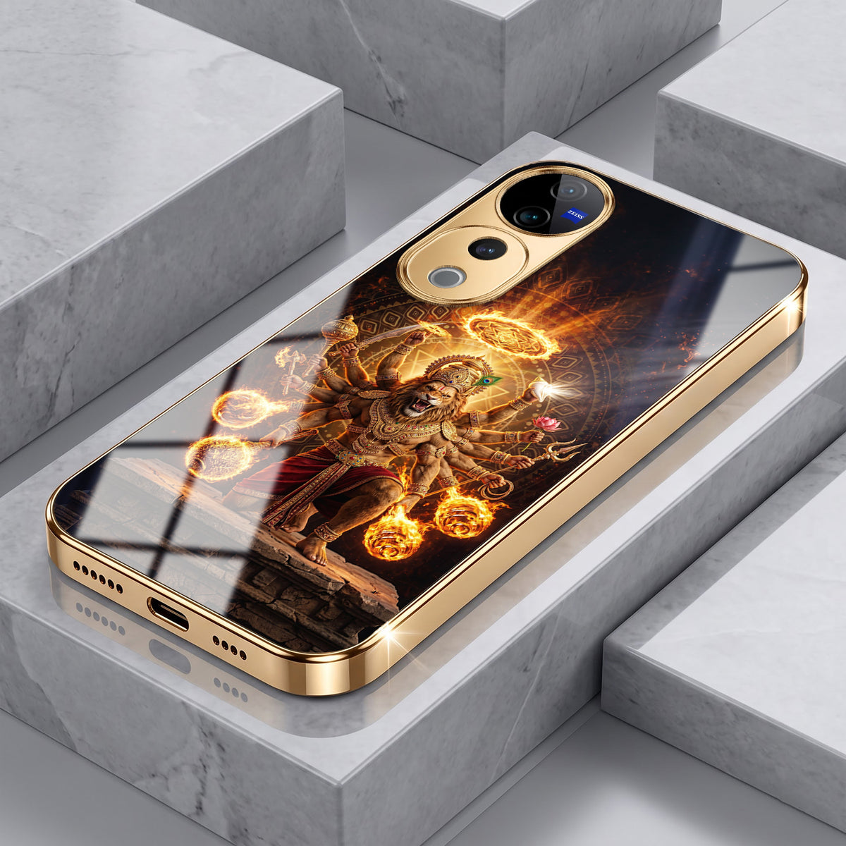 Vivo V40 Pro 5G Lord Narasimha Gold Electroplated Glass Phone Back Case
