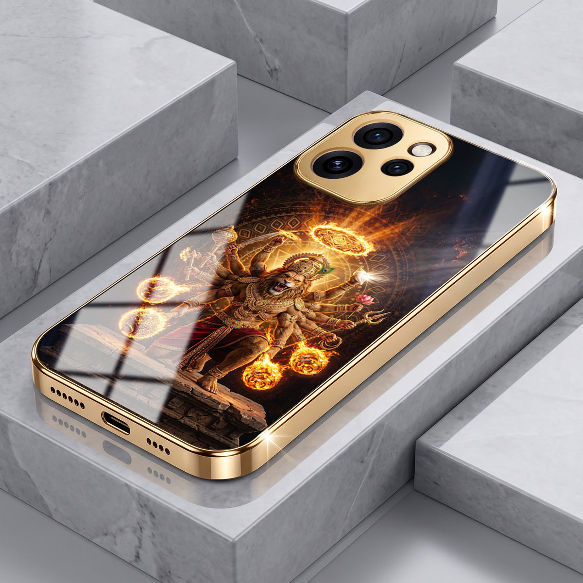 Oppo Reno 15 Pro Mini 5G Lord Narasimha Gold Electroplated Glass Phone Back Case
