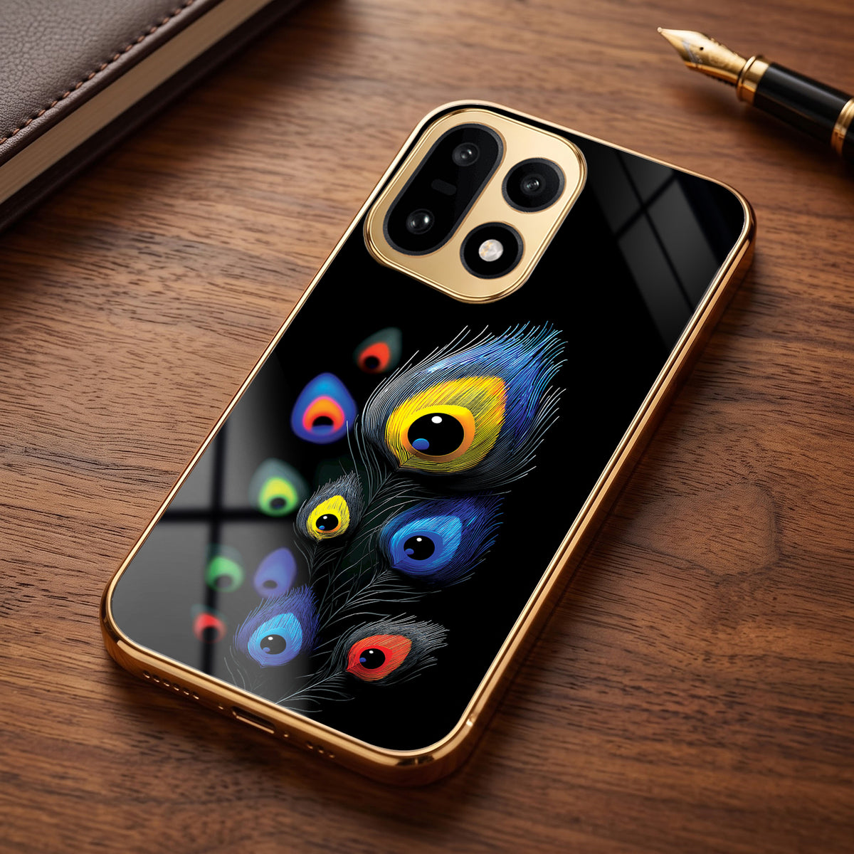 OnePlus 15 5G Multi-Feather Peacock Gold Electroplated Glass Phone Back Case