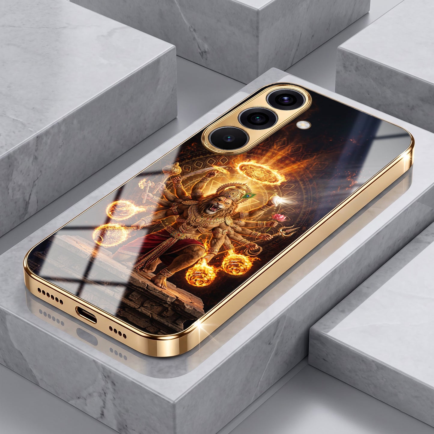Samsung Galaxy A36 5G Lord Narasimha Gold Electroplated Glass Phone Back Case
