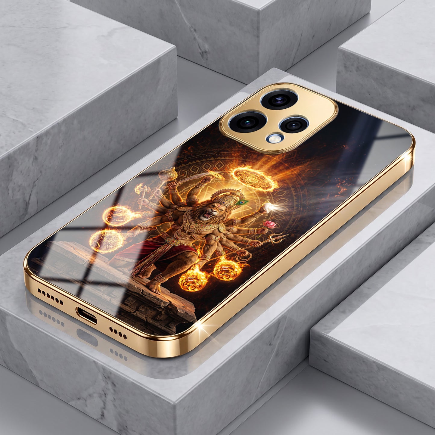 Oppo Reno 15 5G Lord Narasimha Gold Electroplated Glass Phone Back Case