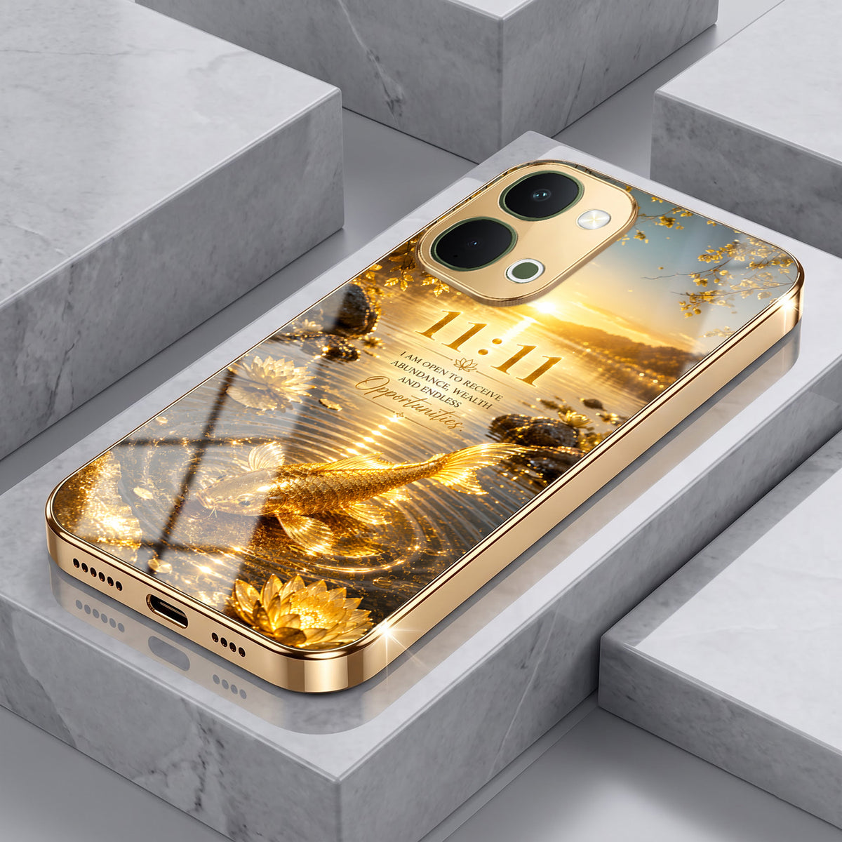Vivo T5x 5G 11:11 Manifestation Gold Electroplated Glass Phone Back Case
