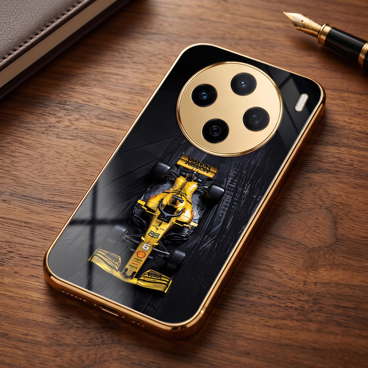 Vivo X200 5G F1 Racing Car Gold Electroplated Glass Phone Back Case