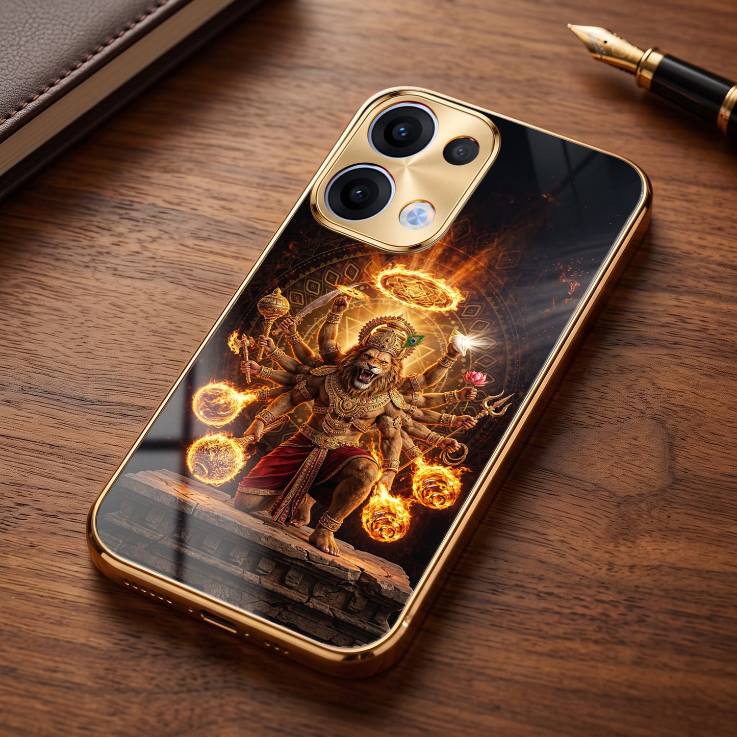 Oppo Reno 13 5G Lord Narasimha Gold Electroplated Glass Phone Back Case