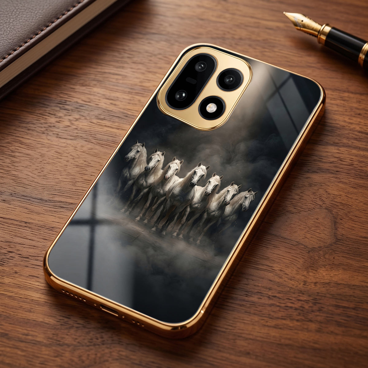 OnePlus 15 5G Running Horses Gold Electroplated Glass Phone Back Case