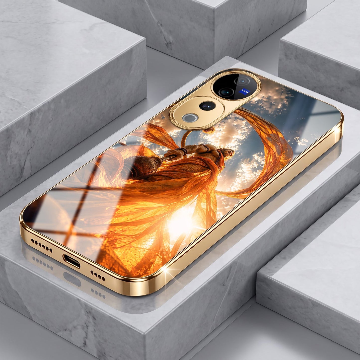 Vivo V40 Pro 5G Divine Hanuman Gold Electroplated Glass Phone Back Case