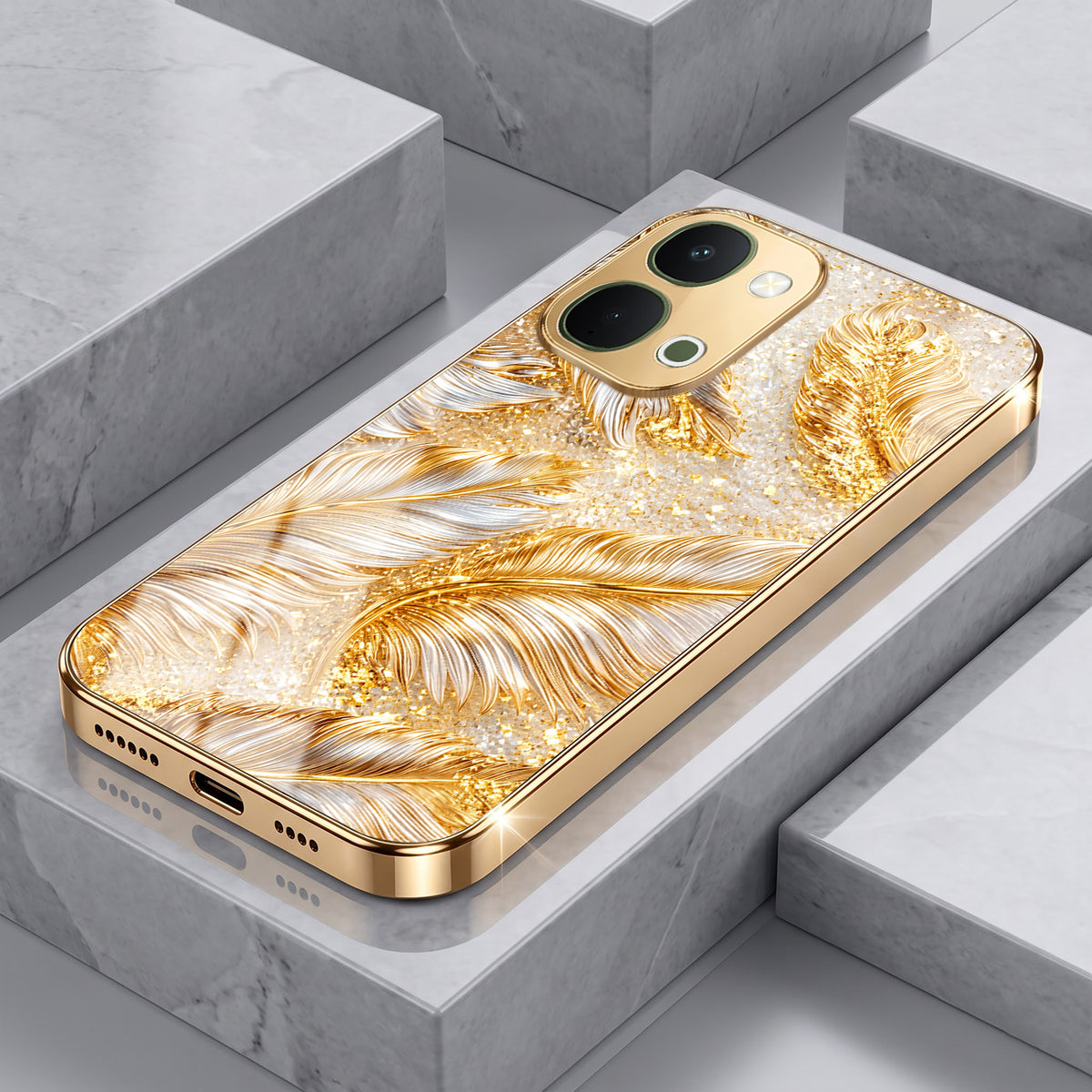 Vivo T5x 5G Golden Feather Marble Gold Electroplated Glass Phone Back Case