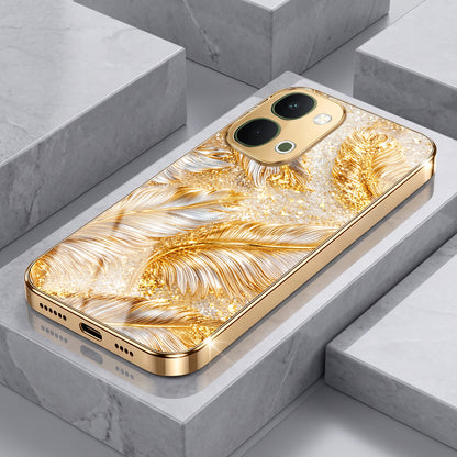 Vivo T5x 5G Golden Feather Marble Gold Electroplated Glass Phone Back Case
