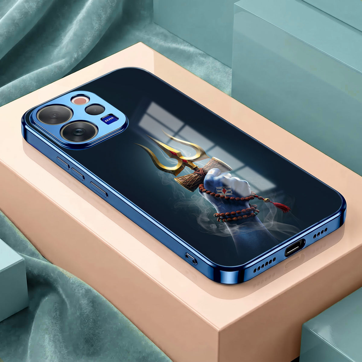 Vivo V70 5G Divine Shiva Trisul Blue Electroplated Glass Phone Back Case