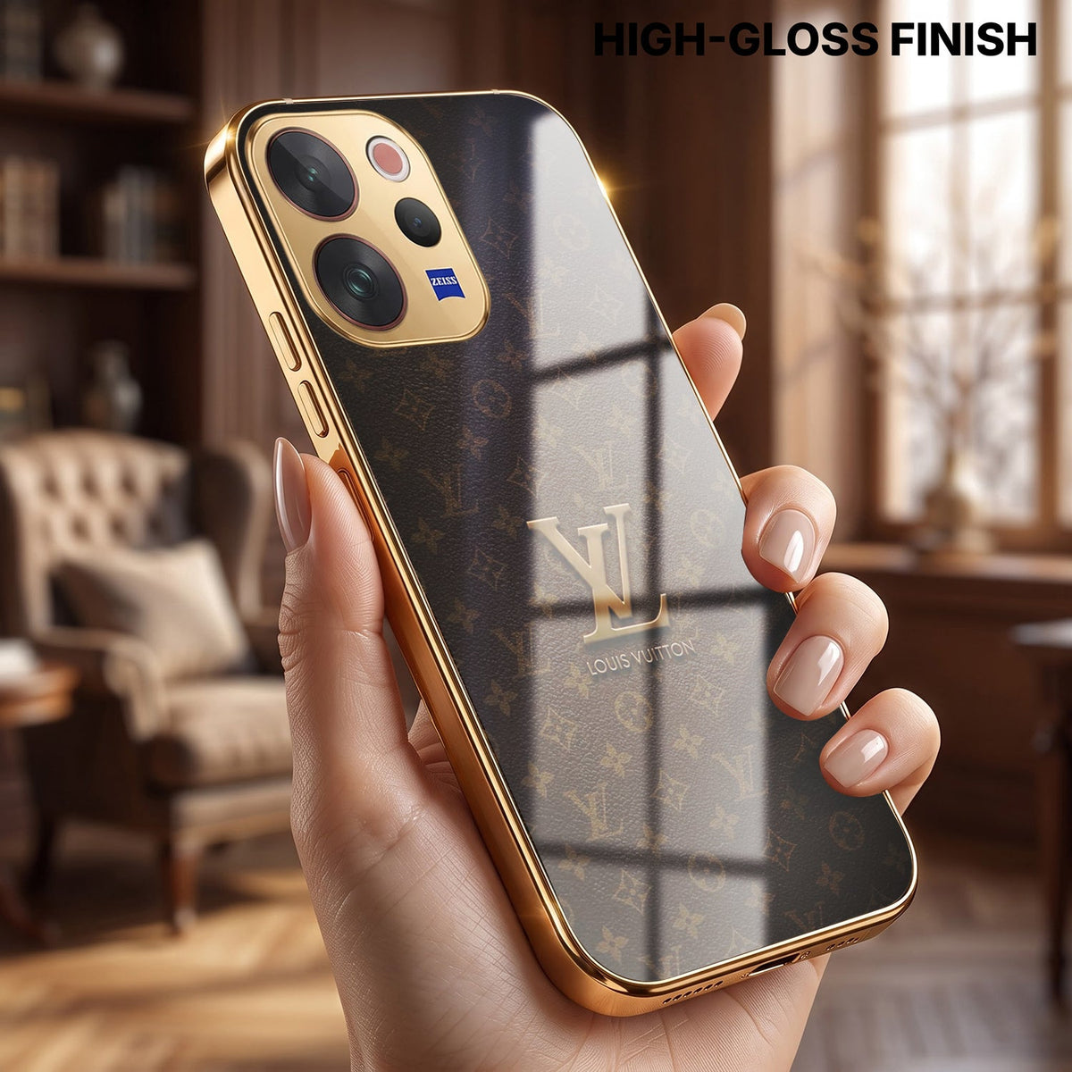 Vivo V70 5G LV Brown Monogram Gold Electroplated Glass Phone Back Case