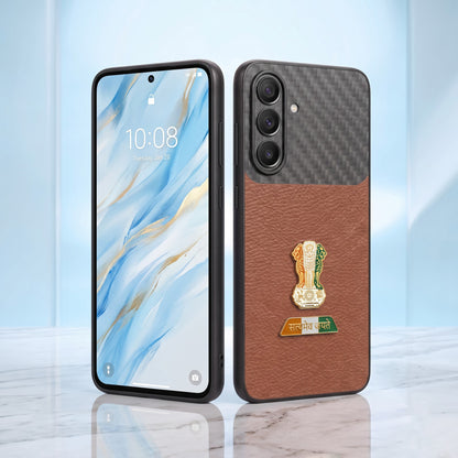 Samsung Galaxy A57 5G Tri-Color Satyamev Jayate Carbon Fiber Leather Hybrid Phone Case