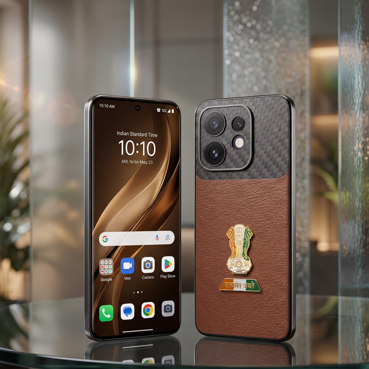 Oppo Reno 16 5G Tri-Color Satyamev Jayate Carbon Fiber Leather Hybrid Phone Case