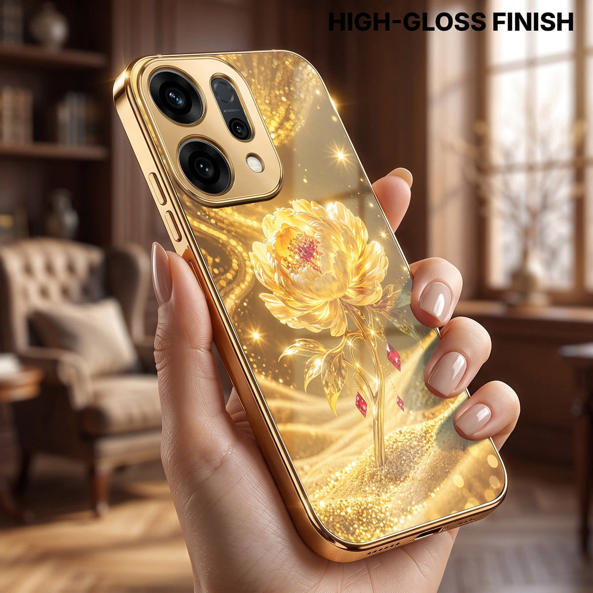 Oppo Reno 14 5G Golden Rose Elegance Gold Electroplated Glass Phone Back Case