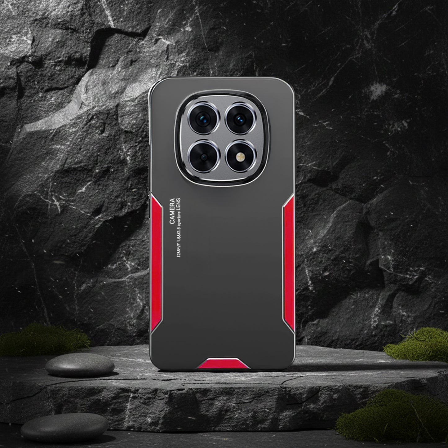 Oppo F29 Pro 5G Luxury Aluminium Metal Frame Protective case with red accents on a dark stone background