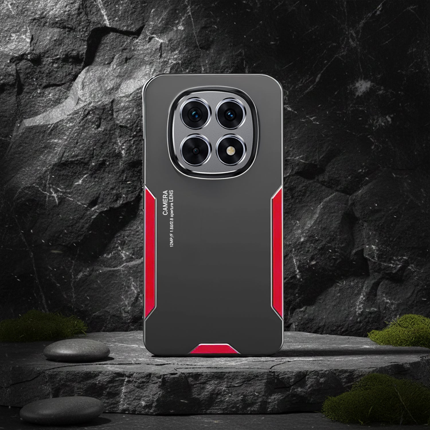 Oppo F29 Pro 5G Luxury Aluminium Metal Frame Protective case with red accents on a dark stone background