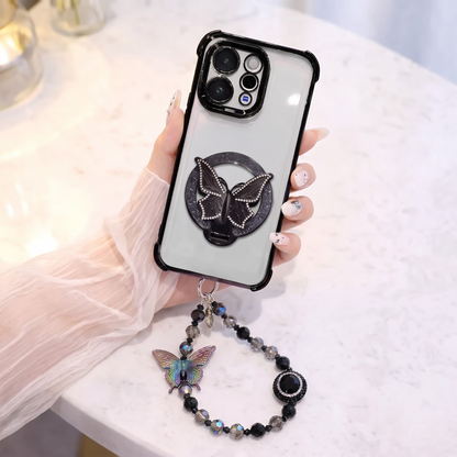 Vivo V70 5G Transparent Airbag Butterfly Stand Case with Charm Strap