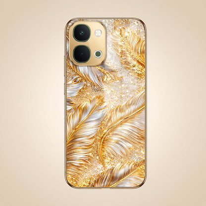 Vivo T5x 5G Golden Feather Marble Gold Electroplated Glass Phone Back Case