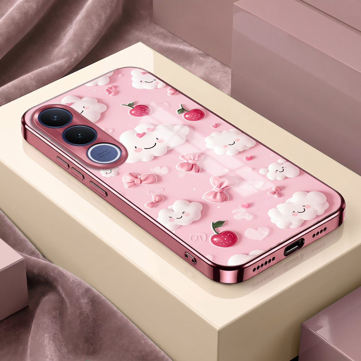 Vivo V70 FE 5G Luxury 3D Clouds Pink Electroplated Glass Phone Back Case